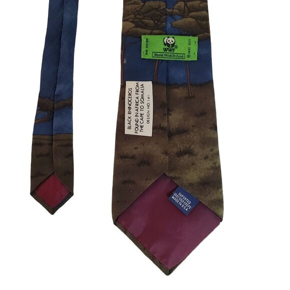 1991 Vintage WWF Silk Tie #141 Black Rhinoceros Blue Mlticolor Mens 4.5" x 60" - Picture 6 of 9